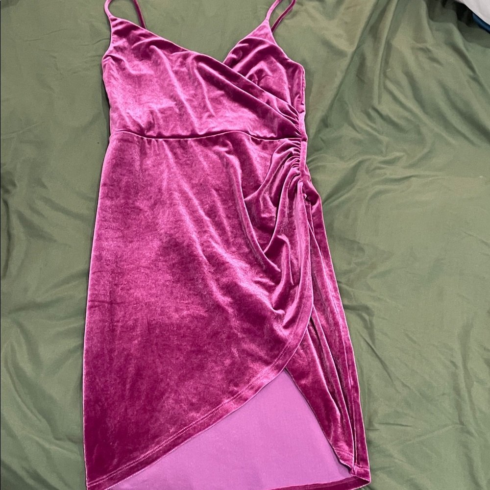 Free Press magenta velvet ruched tulip, wrap mini dress- XS, FLIRTY & FAB